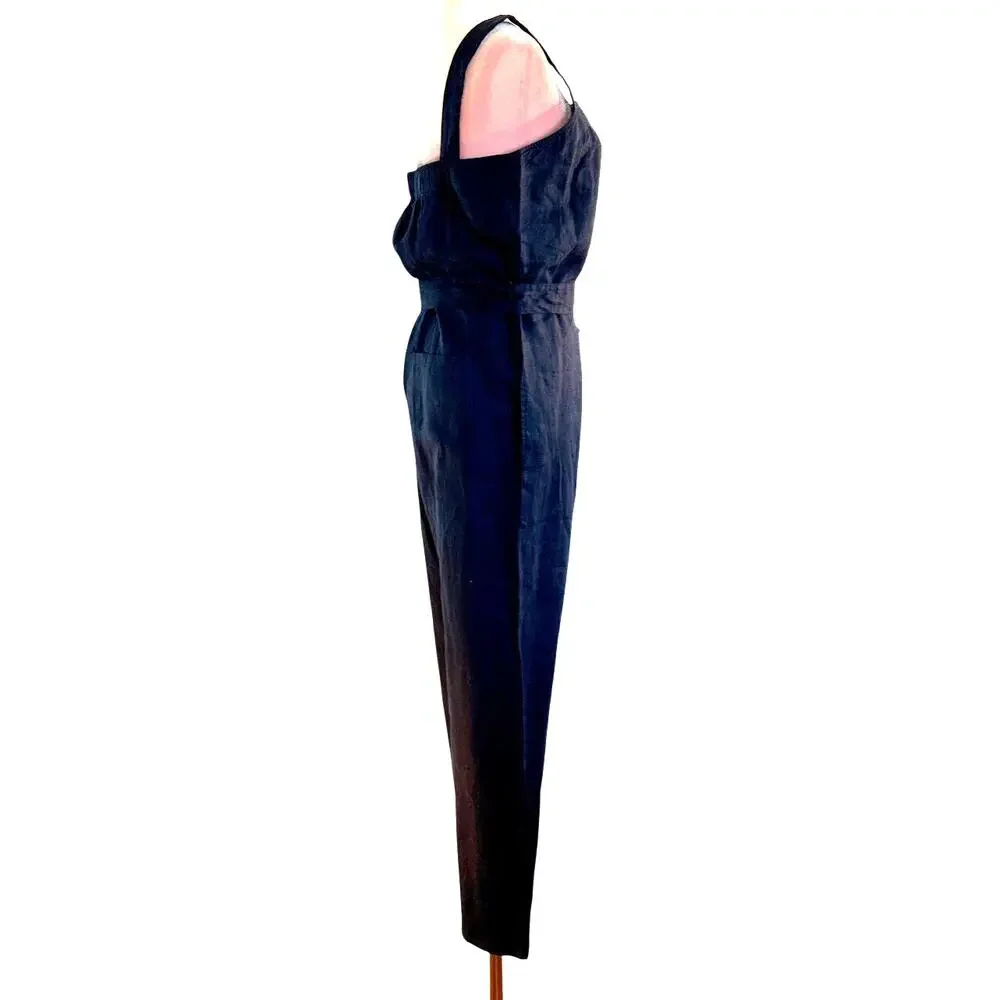 NWT QUINCE Jumpsuit Romper Sleeveless Adj. Straps Pockets Self-Tie Belt Blue S